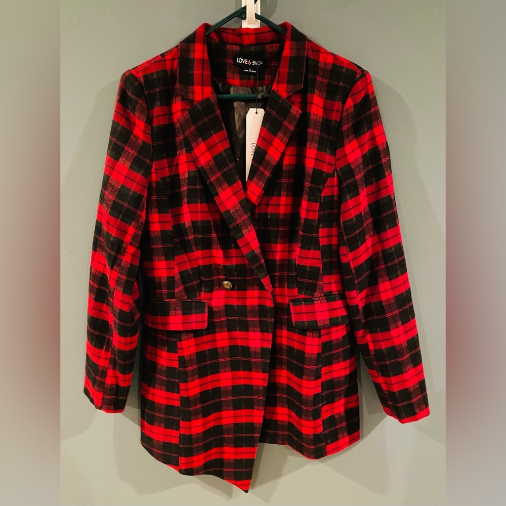 *NWT* Love & Love Red and Black Plaid Blazer. Size Large